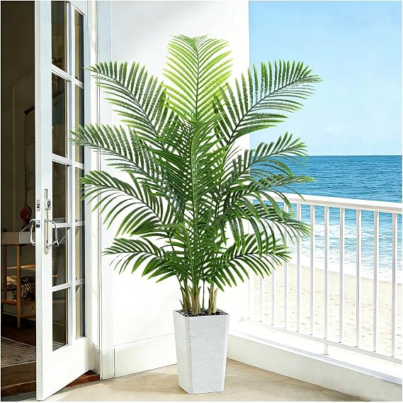 Artificial Palm Tree 5FT - Tall Fake Tree with White Taper Planter & Pebbles, UV Resistant for Indoor & Outdoor, Large Potted Faux Plant, Tropical Areca Floor Plant for Living Room, Office, Home Decor