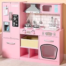 lalalark Wooden Toy Kitchen, Large Kids Role Play Kitchen Set with Microwave, Oven, Ice Maker, Kids Interactive Toy Role Play Kitchen Playset with Lights & Sounds, Gifts for 3+ Years Old Girls Boys