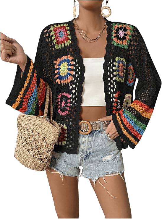 SHENHE Women's Floral Crochet Cardigan Hollow Out Open Front Long Sleeve Cardigan Sweater
