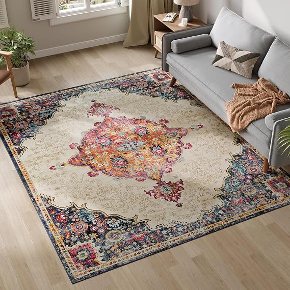 Dripex 6x9 Area Rugs, Machine Washable Non Slip Distressed Boho Rugs, Area Rug for Living Room, No Pile Lightweight Vintage Rug, Soft Accent Carpet for Dining Room,Bedroom,Multi