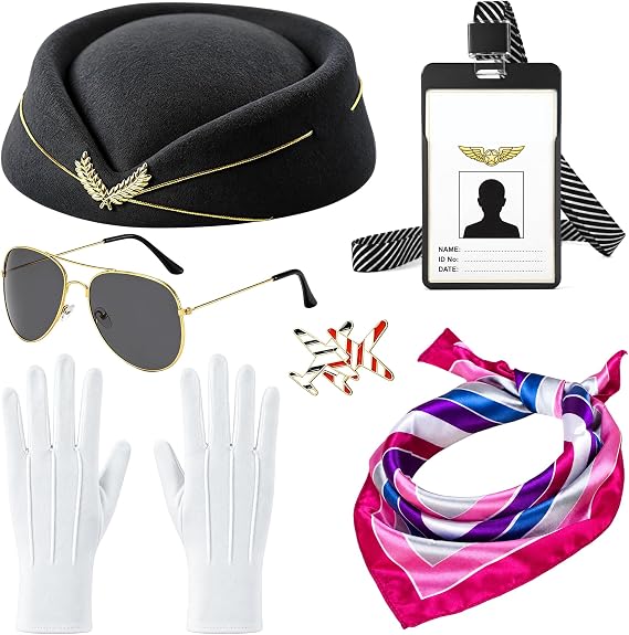 6PCS Flight Attendant Costume Accessories for Women, Air Hostess Costume Set with Hat Scarf Gloves Sunglasses ID Card & Plane Brooch, Stewardess Pilot Costume Women Fancy Dress