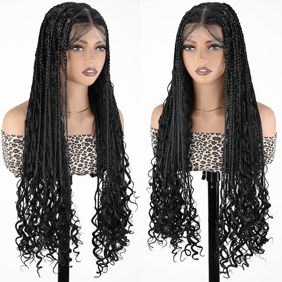 FABELLE Triangle Knotless Braided Wig 32 Inch Boho Box Braid Wig with Curly Hair Natural Black Wavy Synthetic Braided Single Full Lace Wigs