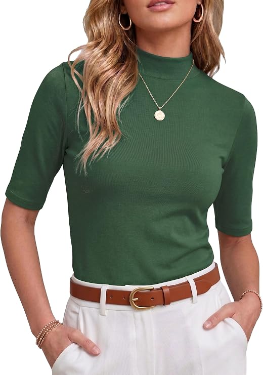 PrinStory Womens Tops Mock Neck Short Sleeve T Shirts Dressy Casual Ribbed Knit Slim Fit Summer Business Going Out Tops 2026