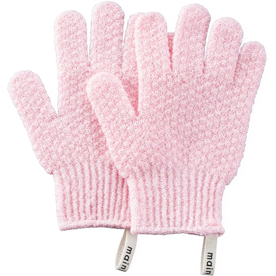 MainBasics Deep Exfoliating Bath Gloves, Pink, 1 Pair | Heavy-Textured Nylon, Shower Scrub, Dead Skin Removal, Machine Washable