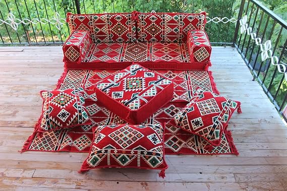 Red Arabic Floor Sofa Seating Set, Floor Cushions, Traditional Couches, Ottoman Couch, Moroccan Sofas, Loveseats, Arabic Majlis,Modular Sofa (Sofa + Rug)