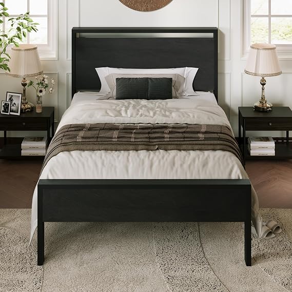 Allewie Twin Size Bed Frame, Heavy Duty 12 Metal Slats Support, Black Oak