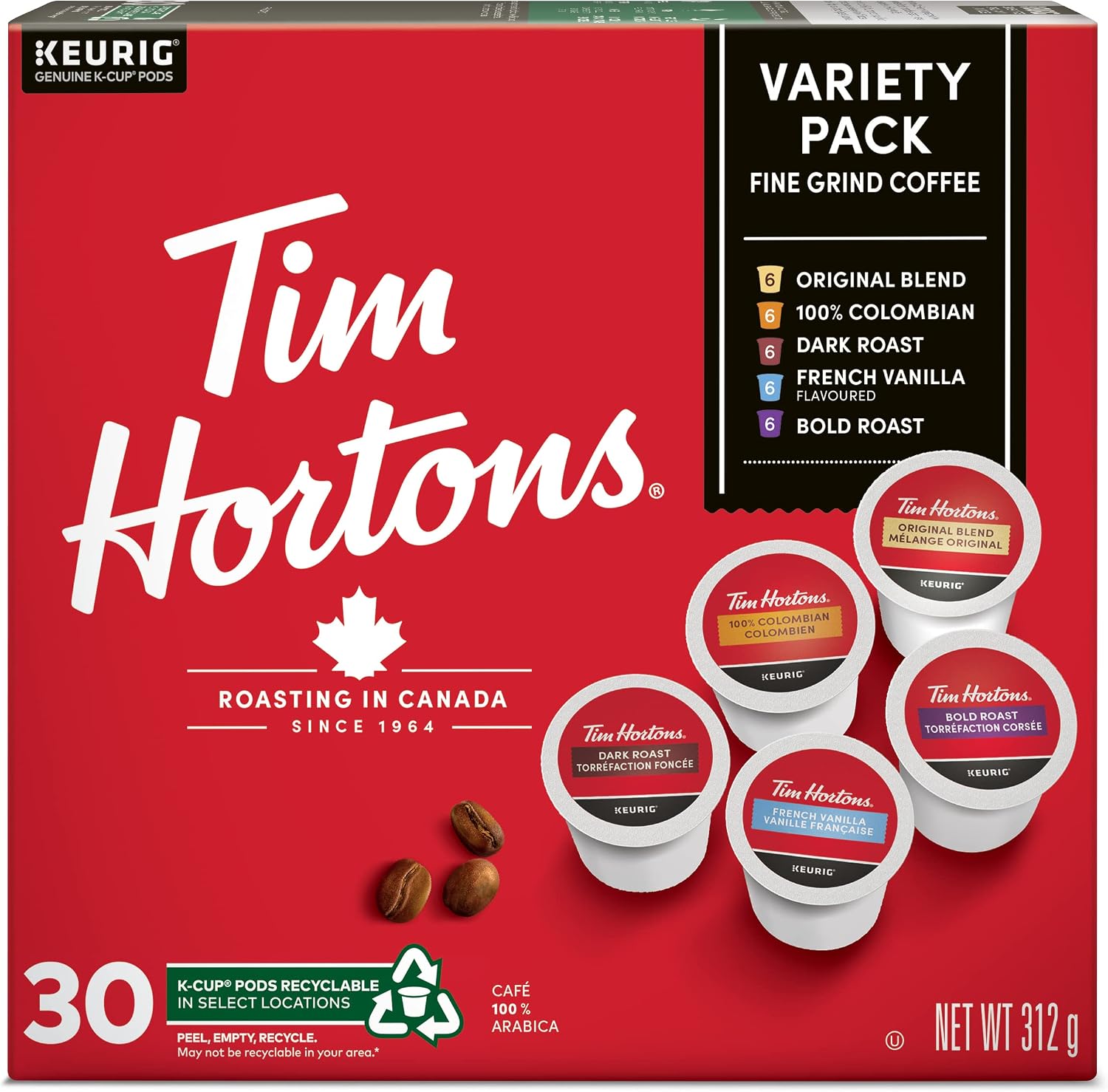 Tim Hortons Variety Pack, Original, Dark Roast, Colombian, Bold Roast and French Vanilla, Single Serve Keurig K Cup Pods, 30 Count