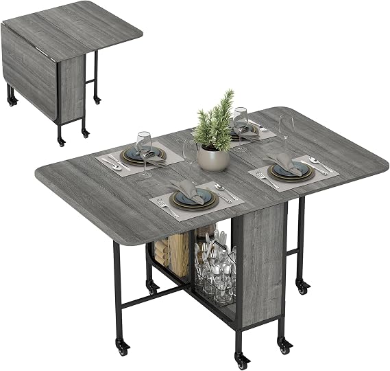 HOMCOM Mobile Drop Leaf Table for 4-6 with Storage Shelf, Grey