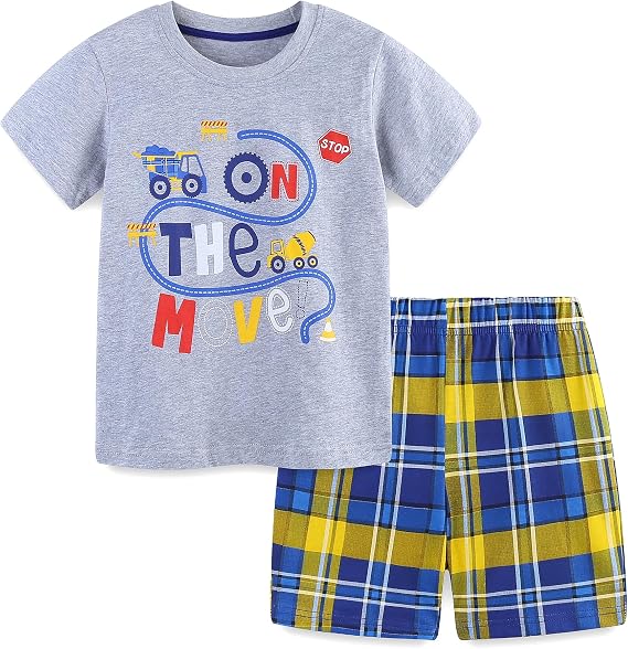 Kids Boys Summer Short Outfits Clothes Set Toddler Cool Dinosaur Digger Shark Animal Print Short Sleeve Cotton T-Shirt Tops and Shorts 2Pcs Crewneck Clothing Set Age 1-7 Years Old