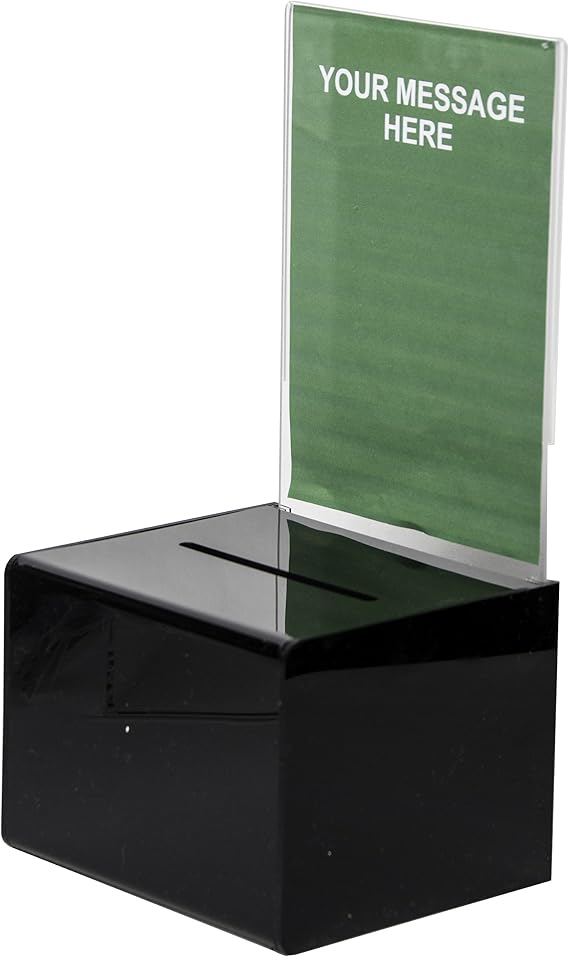 Clear-Ad - BB-545 - Black Acrylic Ballot Box 5x4x5 with Sign Holder - Plastic Countertop Container - Best for Donation, Voting, Charity, Survey, Raffle, Contest, Suggestions, Comments (Pack of 24)