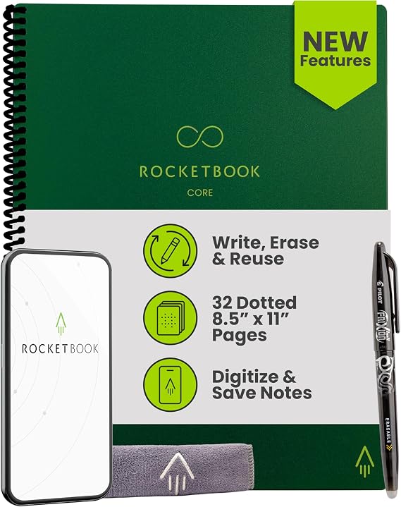 Rocketbook New Core Reusable Spiral Notebook, Letter Size, 8.5 x 11 Inches, Green - Dotted Pages, App Connect, Erasable, Durable Cover, Great for School, Work, Creative Projects