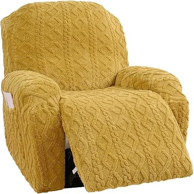 4 Pieces Recliner Chair Covers, Geometric Jacquard Plush Recliner Slipcovers, Couch Sofa Covers, Soft Fuzzy Fluffy Anti-Slip Furniture Protector for Kids Cats Dogs Elastic Bottom Yellow,1 Seat