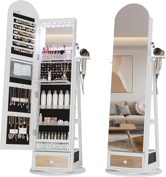 LVSOMT 64" H Arched LED Mirror Jewelry Cabinet Standing, White