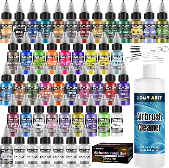 HOMY ARTY Airbrush Paint - 42 Colors with 6 Thinner & 16.9 fl oz Cleaner | with Brushes Airbrush Paint Set, Ready to Spray Acrylic Air Brush Paints for Metal, Plastic Models, Canvas, Wood