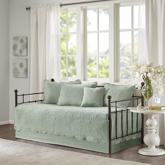 Madison Park Daybed Cover Set Damask Quilted Cover for Daybeds, All Season, Pre-Washed Cotton-Filled Coastal Bedding Scallop Edge, Shams, Bedskirt, Decor Pillows, Tuscany, Seafoam, 39"x75", 6 Piece