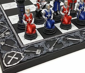 Medieval Times Crusades Red and Blue Armored Maltese Knights Chess Set with 17" Board