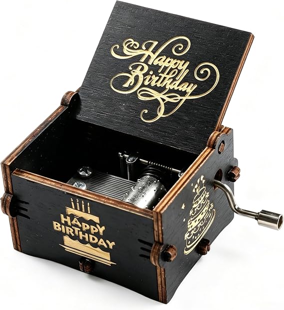 Huntmic Happy Birthday Wood Music Box, Hand Crank Wooden Musical Box with Engraved Design, Birthday Presents for Family, Friends, Women, Mother (Black)