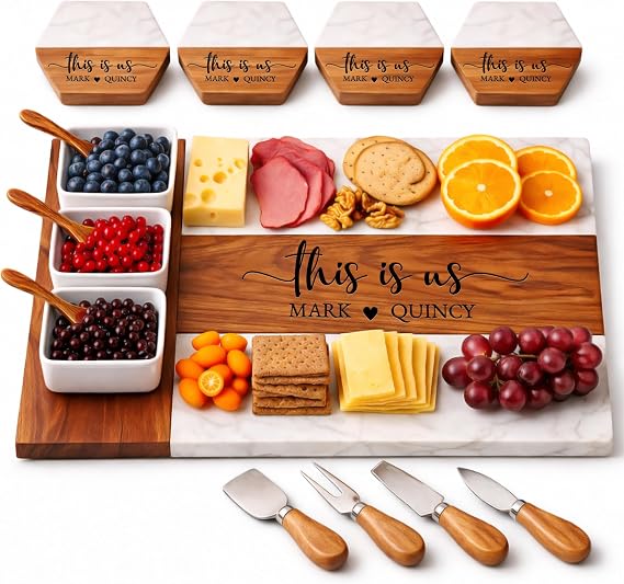 Personalized Charcuterie Board Set - Custom Engraved Wooden Marble Cheese Board with Knife Set - Best Wedding Gift for Couples, Bridal Shower, Engagement, Anniversary, Housewarming & Gift for Parents