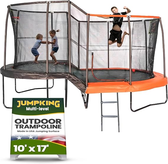 JumpKing Multi Level Oval Trampoline with Net Outdoor Kids Fun 10ft x 17ft | Heavy Duty Frame, Ladder Included, Basketball Hoops, Toss Game and Net Enclosure, Indoor Outdoor Use, Durable Jump Surface
