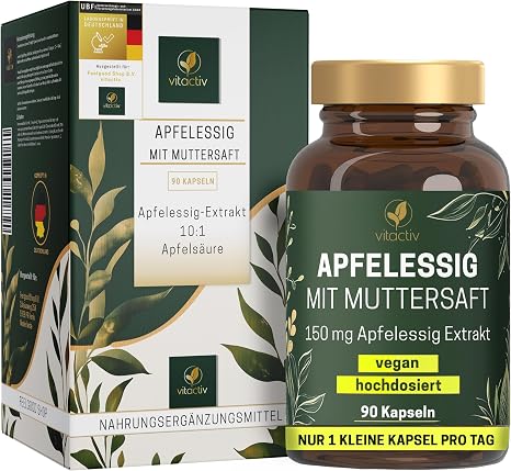 VITACTIV Apple Cider Vinegar Capsules High Dose - Pack of 90 - 150 mg Apple Vinegar Extract (1500 mg Powder) Only 1 Capsule Daily - Apple Cider Vinegar Capsules with Vinegar Mother - Vegan No Additives High dose vegan no additives. Vinegar extract the extract. Magnesium: normal mental function