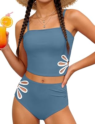 Girls Swimsuit Adjustable Straps Cut Out Swimwear 2 Piece Solid Color Tankini for Girls Bathing Suit 9-16Y