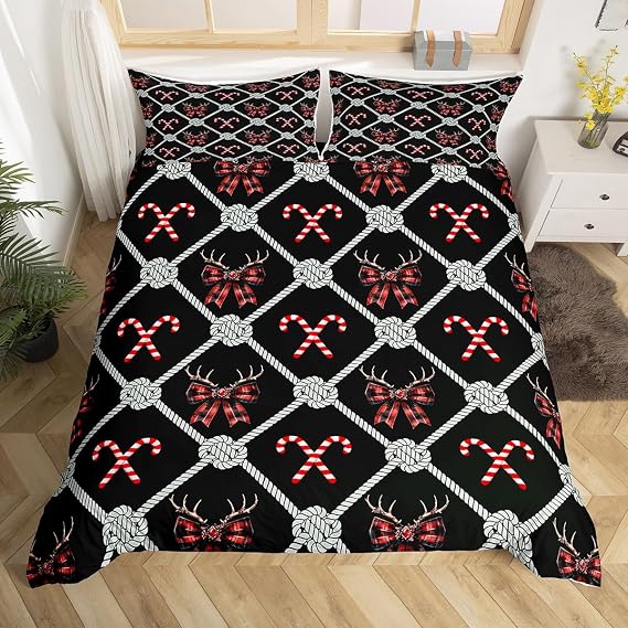 Manfei Christmas Duvet Cover Set King, Cute Bow Candy Cane Antler Bedding Set for Kids Girl Room Decor, New Year Theme Black Comforter Cover, Lightweight Bedspread Cover, 2 Pillowcases, No Comforter