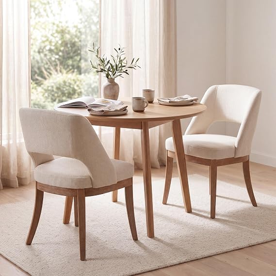 COLAMY Dining Chairs Set of 2, Mid-Century Modern Upholstered Fabric Dining Room Chairs with Sculpted Cutout Back, Solid Rubberwood Legs, 28D High-Resilience Foam Kitchen Side Chairs