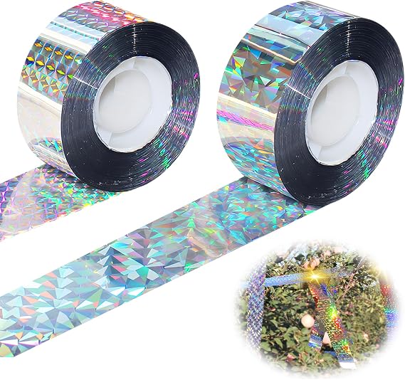 2Pcs Bird Scarer Reflective Tape, Anti Pigeon Bird Scarer Tape, Effective Reflective Bird Deterrent Devices 2.4cm x 80m Holographic Flash Ribbon Rolls for Gardens Roofs Fruit Trees Balconies