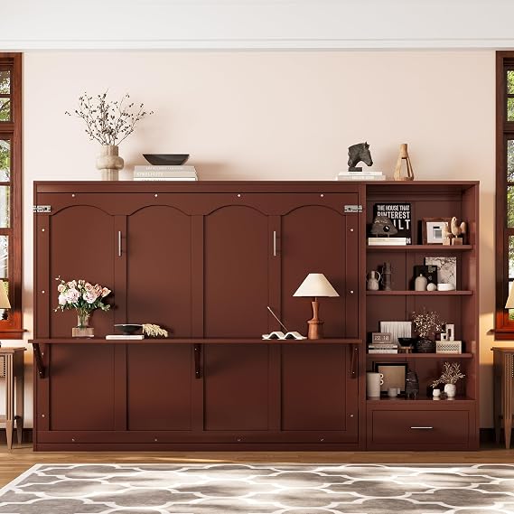 Harper & Bright Designs Queen Size Murphy Bed with Height Adjustable Storage Compartments and Shelf, Wall Bed Frame with 1 Drawer, Foldable Platform Bed for Small Space, Walnut