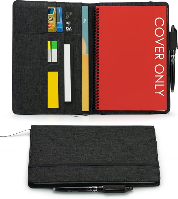 Folio Cover Compatible with Rocketbook Everlast, Wave, Fusion, Panda, A5 Portfolio Organizer with Pen Loop, Business Card Holder, Waterproof Fabric, Ribbon bookmark, Executive Size, Black