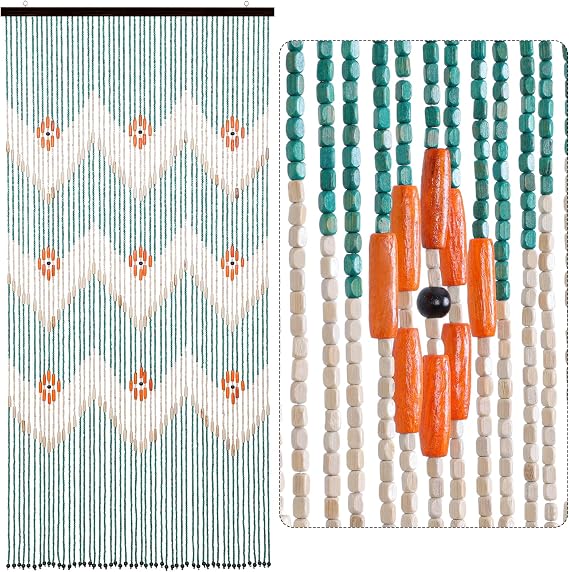 BECHAEO Beaded Curtain for Doorway Handmade Bamboo Wooden Door Beads Hanging Room Divider Hippie Curtain for Hallway Window Boho Rustic Home Store Decor, 35.5 x 75 Inches Green