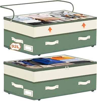 Dolicer 2 Pack Under Bed Storage with Wheels, 6in-10in Height Adjustable Underbed Storage Containers, 92L L Under Bed Drawers Rolling Bin with Clear Lids for Dorm Shoes Clothes OrganizersGreen