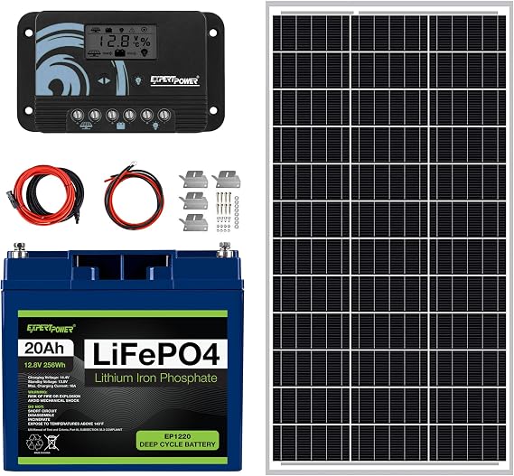 ExpertPower 100W 12V Solar Power Kit | 12V 20Ah LiFePO4 Lithium Battery | 100W Mono Rigid Solar Panel, 10A PWM Solar Charge Controller | RV, Trailer, Camper, Marine, Off Grid, Solar Projects