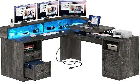 DWVO 60" L Shaped Lift Top Corner Desk with Power & LED, Drawers, Grey
