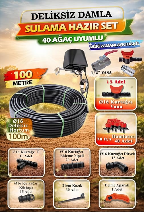 Akıllı Damla Sulama Seti 100m | WiFi + Otomatik Zamanlayıcı Dahil | 16mm PE Hortum | 40 Damlatıcı (HS0033)