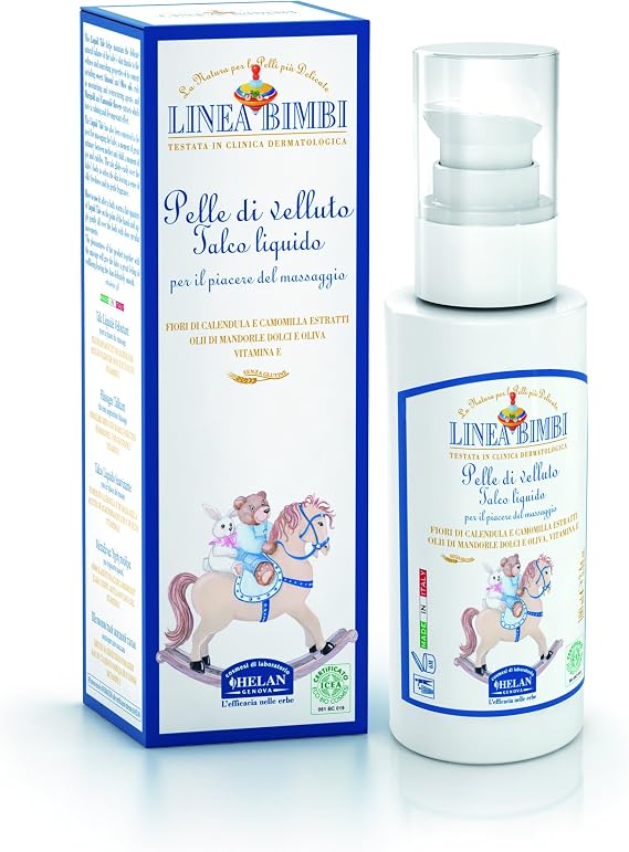 Helan Linea Bimbi - Liquid Talcum Powder for Babies with Vitamin E, Sweet Almond Oil, Calendula - Gentle & Moisturizing Baby Powder for Body Massage, Baby Essentials for Newborn - Made in Italy,100 g