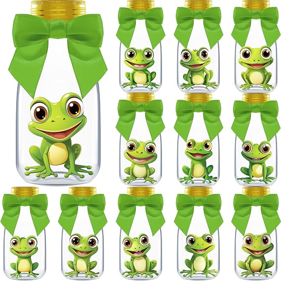 Ethisa Small 12 Pack Frog Party Favors - DIY Candy Jars with Ribbons and Stickers - Party Decoration Bottles for Birthday, and Baby Shower - Toad Theme Table Centerpieces