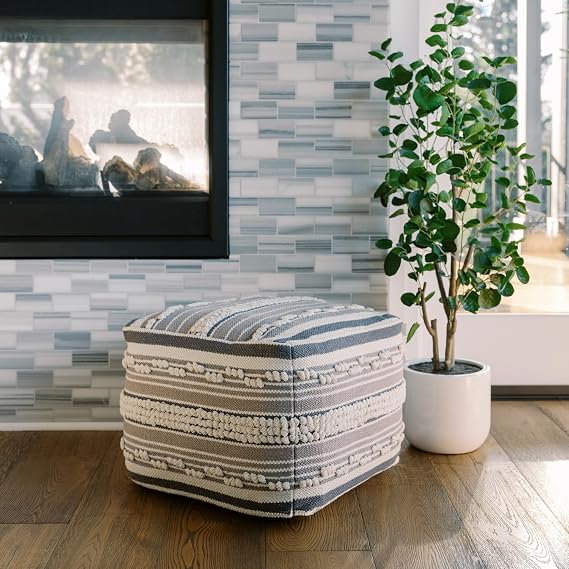 CG Hunter, Pouf Ottoman, Square Hand Woven Loop and Striped Ottoman Pouf for Living Room or Bedroom, Floor Chair, Foot Rest or Decorative Home Decor