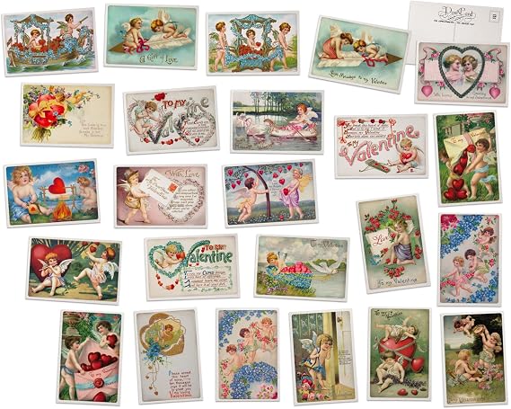 Vintage Valentine Postcards - 24 Retro Valentine's Day Postcards - Assorted Cherub Love Designs - Old Fashion Valentine Cards Printed on Antique Textured Style Cardstock - Great for Valentine's Day