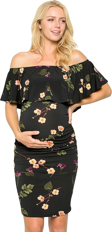 My Bump Womens Off Shoulder Maternity Dress - Ruched Ruffle Off Shoulder Baby Shower Pregnancy Dress (Made in USA)