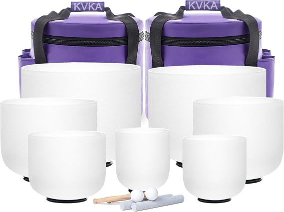 KVKA Crystal Singing Bowl Set –432Hz Frosted Quartz White Design – Sound Bowl & Meditation Bowl Chakra Balancing Sound Bath Instruments Therapy Sound (6-12 inch 440Hz)