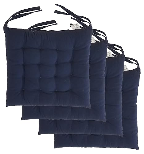 Cottone 100% Cotton Chair Pads w/Ties (Set of 4) | 16 x 15.5 Square | Extra-Comfortable & Soft Seat Cushions | Ergonomic Pillows for Rocking, Dining, Patio, Camping, Kitchen Chairs & More, Blue