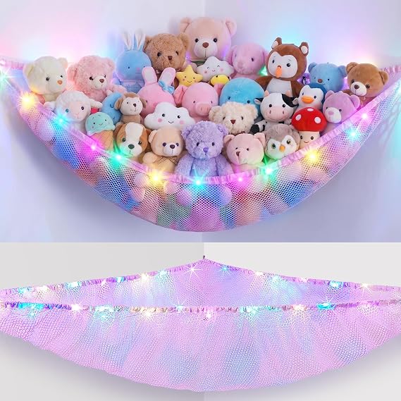 Stuffed Animals Hammock with LED Light Toy Net Room Decor Corner Storage