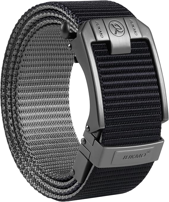 JUKMO Mens Reversible Ratchet Belt - 2 Styles in 1, No-Hole Adjustable Web Belt for Golf, Business & Everyday Wear
