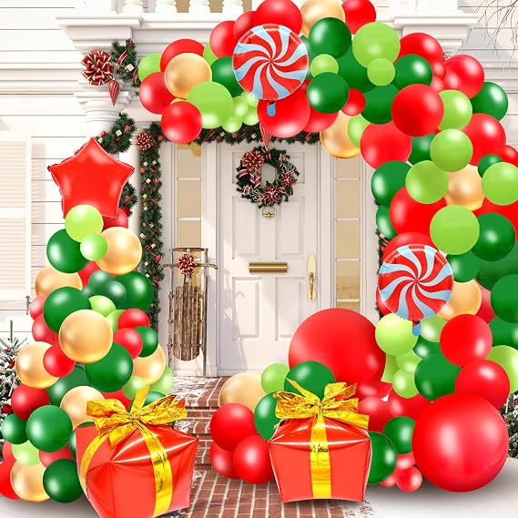 148 Pieces Christmas Balloons Garland Arch Kit, Red Gold Green Latex Balloons Gift Box Red Star Candy Cane Mylar Balloons Set for Winter Holiday Birthday New Year Eve Xmas Party Decorations
