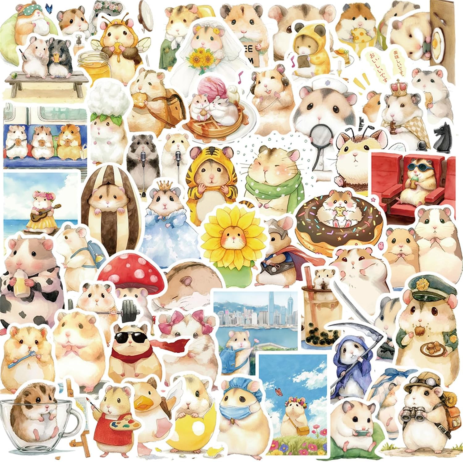 Cute Cartoon Hamster Stickers, Hamster Animals Stickers Decal for Kids Teens, 50Pcs Aesthetic Vinyl Waterproof Sticker for Water Bottles, Laptop Hamster