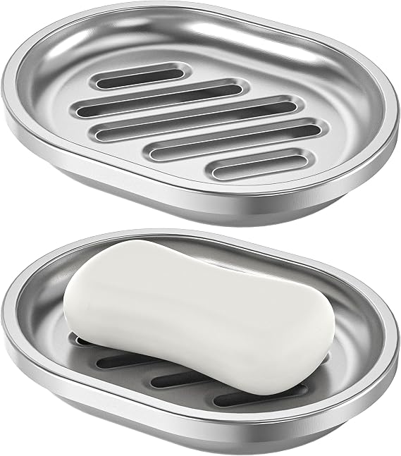 Stainless Steel Soap Dish, 2 Pack, Large Double-Layer Draining Tray