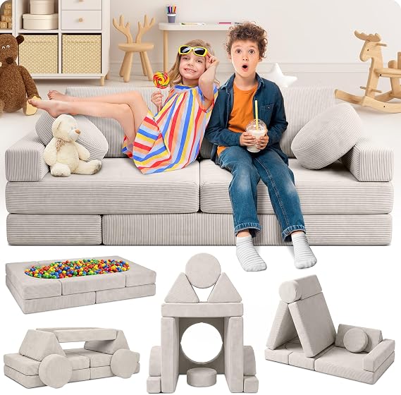 Lunix Modular Kids Play Couch, 14-Piece Fort Building & Climbing Foam Set