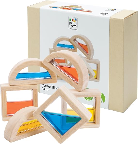 PlanToys Water Blocks Wooden Montessori Sensory and STEM Building Toy | Light, Colour, Creativity and Fine Motor Skill Development | Eco Friendly Open Ended Learning Activity