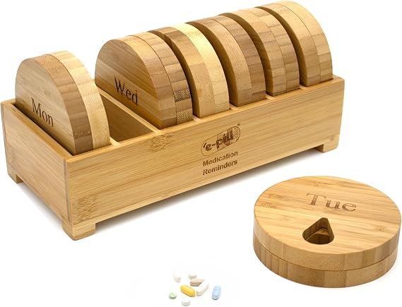 e-Pill Bamboo Weekly Pill Organizer, 7 Day Pill Box for Tablets, Vitamins or Supplements (Weekly)